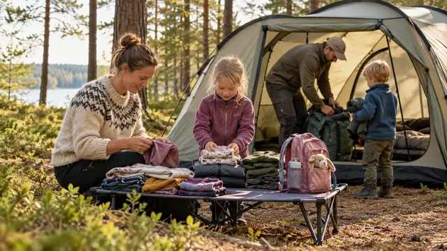 En familie pakker tøj ved et telt med en lille rygsæk på en bænk
