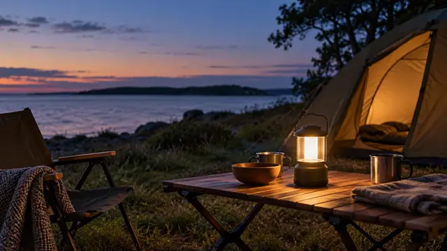 En campinglanterne lyser på et bord foran et telt i skumringen
