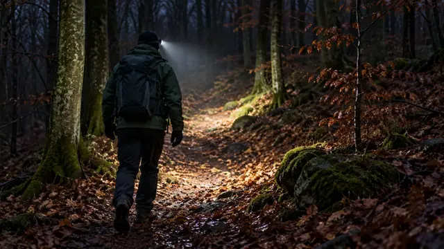 En vandrer på en mørk skovsti, hvor en pandelampe lyser stien op