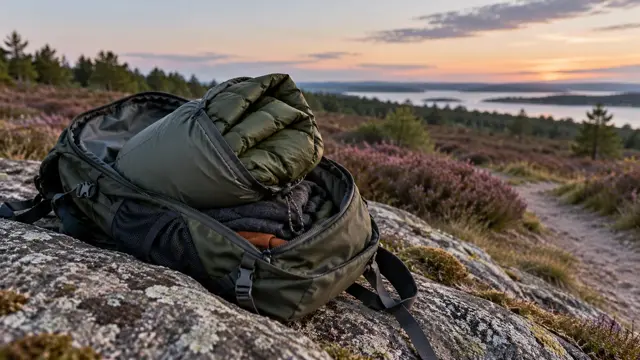 En let dunjakke halvt pakket i sin pose oven på en åben rygsæk