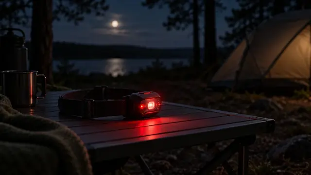 En pandelampe lyser med rødt lys på et campingbord i mørket