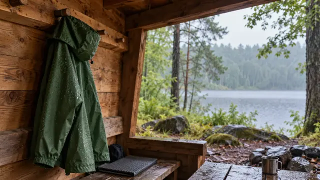 En grøn regnjakke hænger på en knage i et træshelter, mens det regner udenfor
