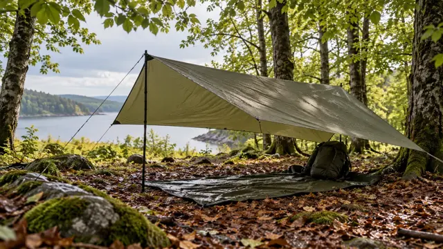 En grøn tarp med åbne sider over et underlag og en rygsæk i skoven