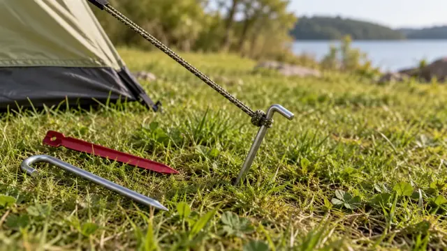 Forskellige teltpløkker i græsset ved et telt med en bardun