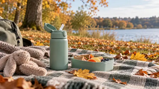 En lille isoleret drikkeflaske til børn på et picnictæppe