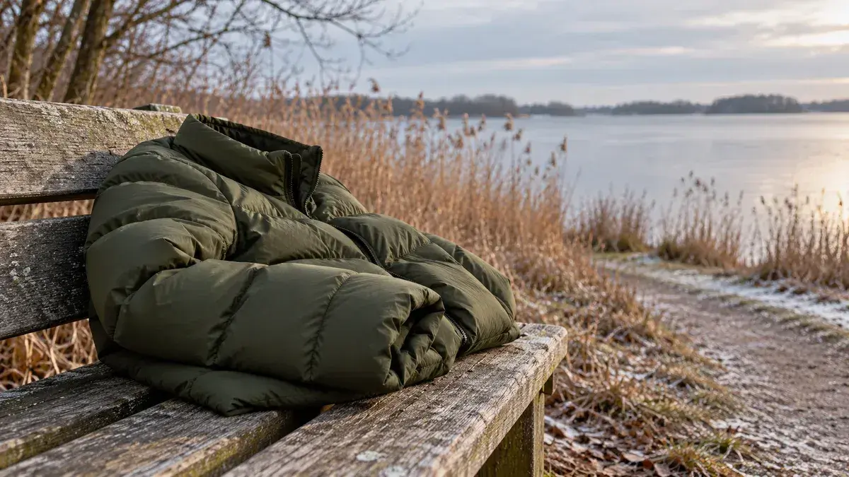 En grøn vatteret jakke ligger på en træbænk ved en stille sø om vinteren