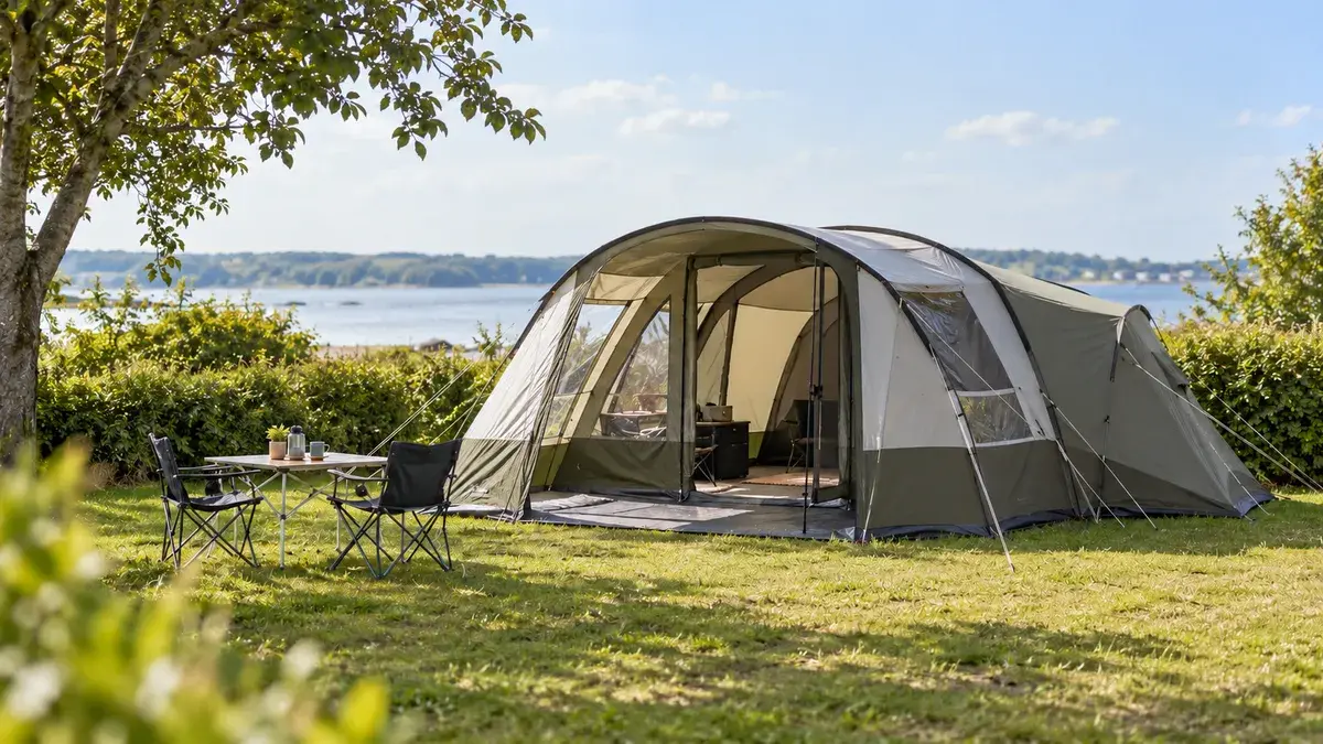 Et stort familietelt med opholdsrum og et campingbord på en græsplads