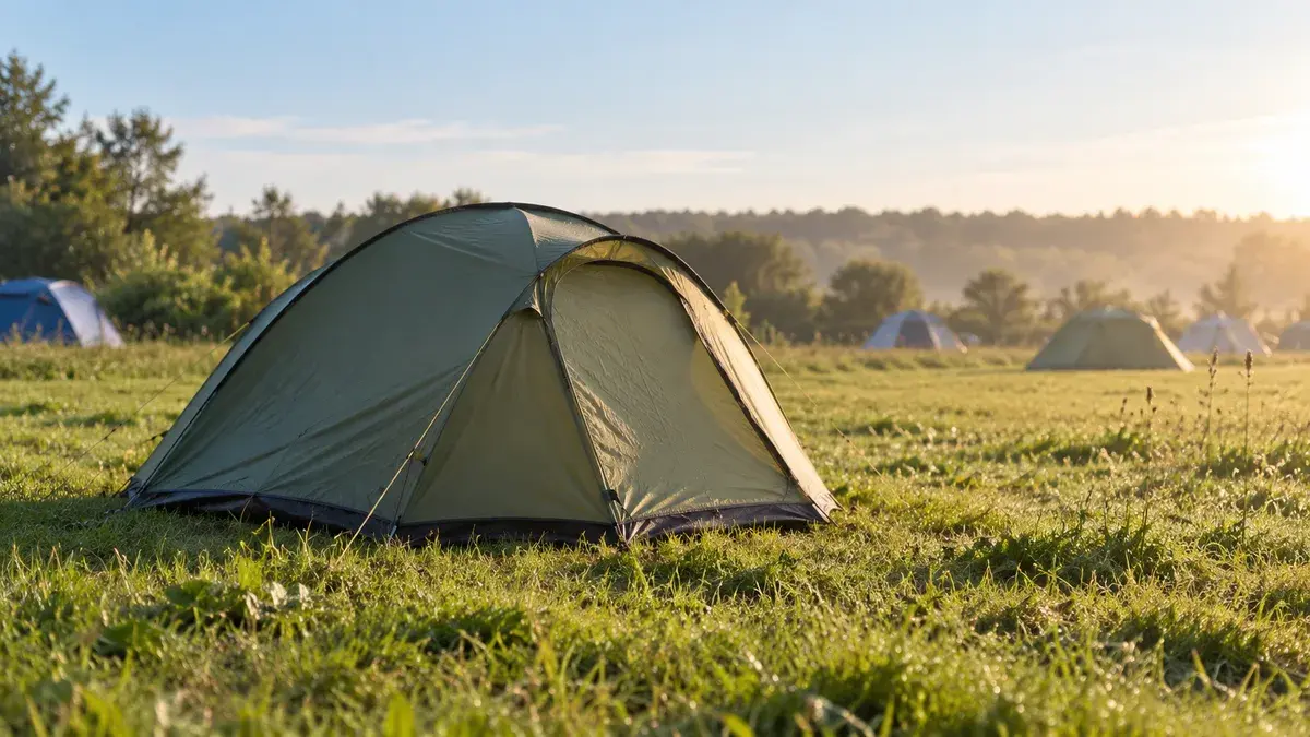 Et enkelt campingtelt med andre telte i baggrunden på en festivalplads