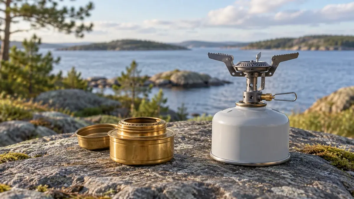 En spritbrænder og en gasbrænder på en patron side om side på en flad sten