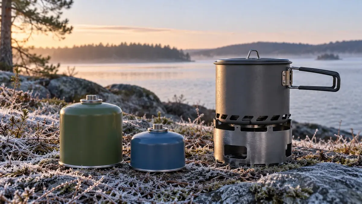 To gaspatroner i forskellige størrelser på frossen jord ved et stormkøkken