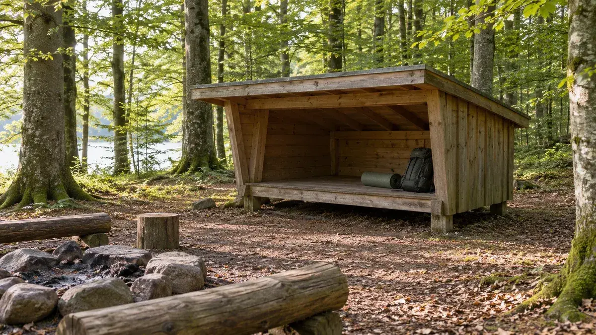 Et åbent træshelter i løvskov med et rullet liggeunderlag og en rygsæk på soveplatformen