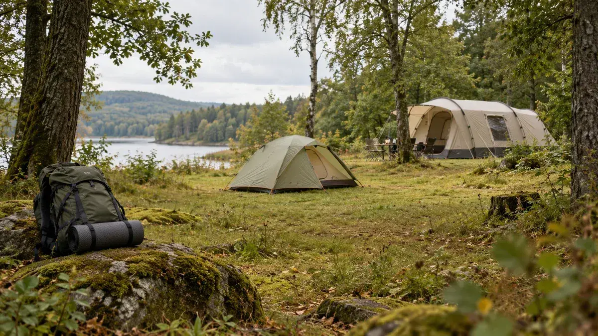Et lille telt og et større familietelt på en græsplads ved en skovsø