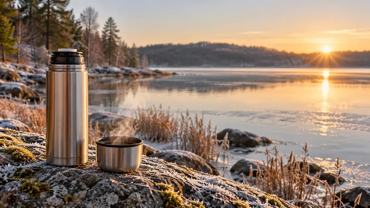 En termoflaske med en dampende kop kaffe på en sten ved en sø