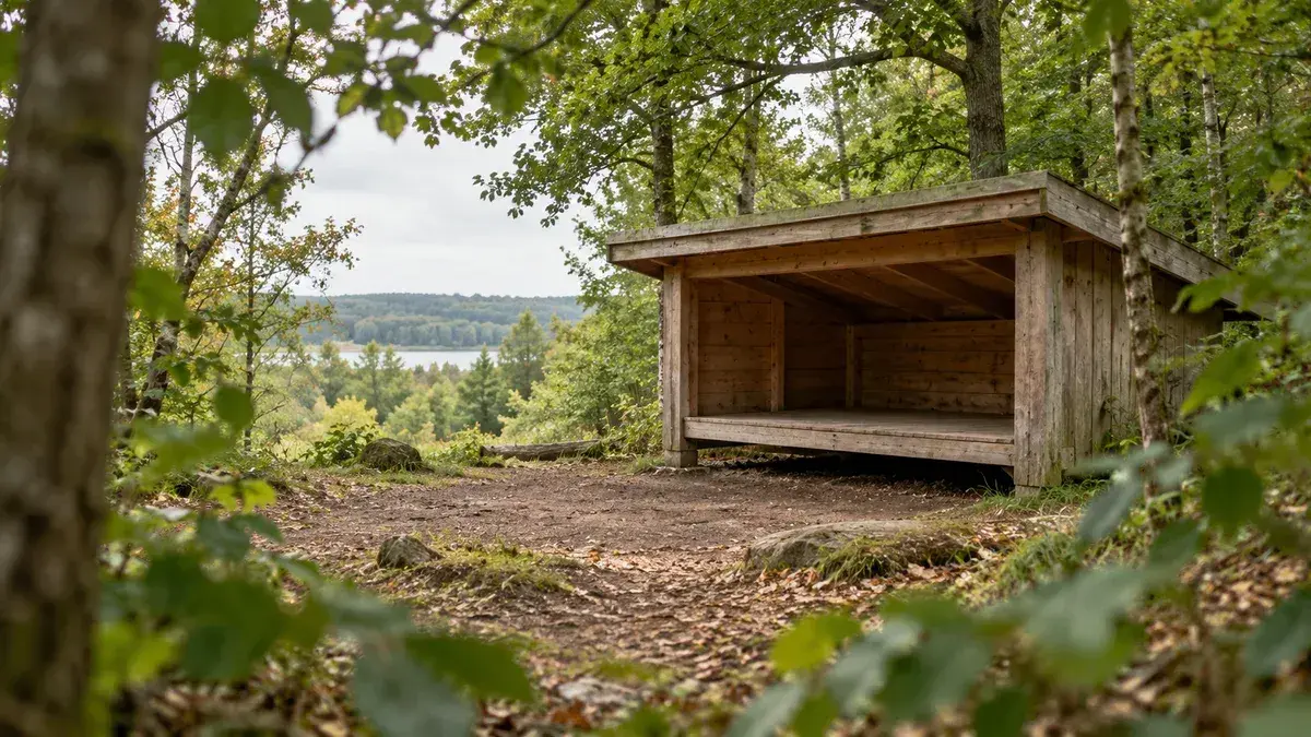 Et tomt træ-shelter i en grøn skovlysning med udsigt mod en sø